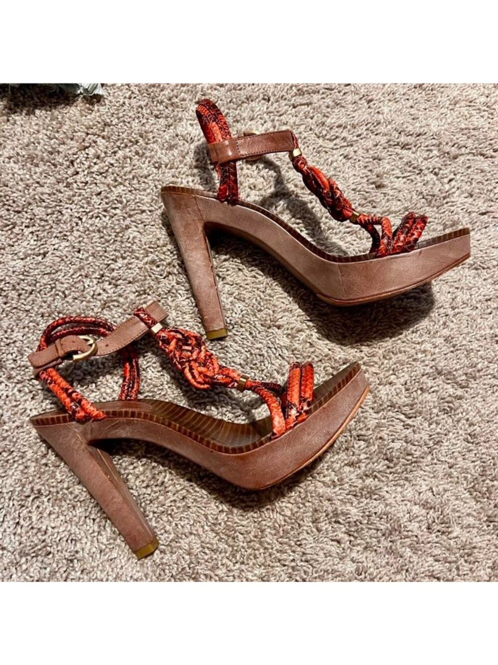 Coach Vintage Boho Brown Orange/Red Leather Snake Print Platform Heels 7.5